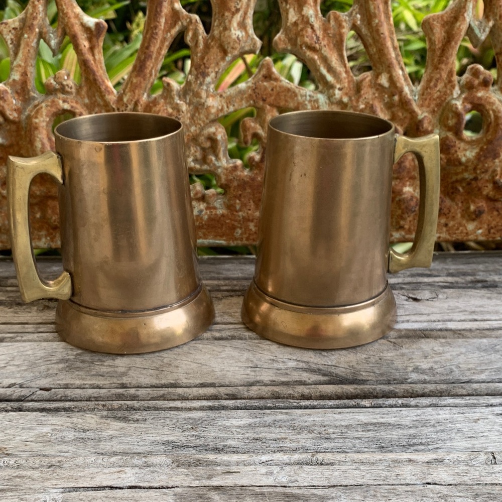 Vintage 1950’s Mid-Century Solid Brass Beer Stein Set with Glass Bottom